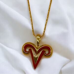 Vintage 1980s Aries Zodiac Ram Horn Gold and Red Pendant Necklace by Bob Mackie